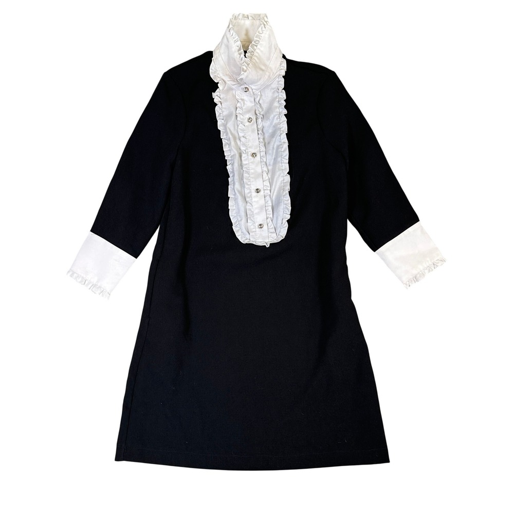 Vintage Ruffle Tuxedo Bib Shift Dress Black White Crystal Button Long Sleeve 6